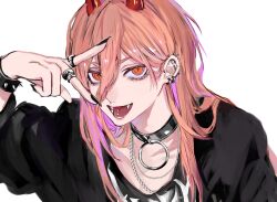 Rule 34 | 1girl, absurdres, ancoo mm, baggy clothes, barbell piercing, black choker, black nails, black shirt, bracelet, chainsaw man, choker, cross-shaped pupils, ear piercing, fangs, fingernails, hair between eyes, highres, horns, industrial piercing, jewelry, lip piercing, long hair, looking at viewer, multiple piercings, multiple rings, nail polish, necklace, open mouth, orange eyes, piercing, pink hair, power (chainsaw man), red horns, ring, sharp fingernails, sharp teeth, shirt, simple background, smile, solo, spiked bracelet, spikes, symbol-shaped pupils, teeth, tongue, tongue out, v, v over eye, white background
