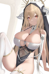 Rule 34 | 1girl, absurdres, azur lane, breast cutout, breasts, covered navel, fake horns, framed breasts, gold trim, habit, hair between eyes, highres, horns, huge breasts, implacable (azur lane), long hair, looking at viewer, nun, pelvic curtain, red eyes, revealing clothes, see-through, simple background, solo, thighhighs, veil, very long hair, white background, white horns, white thighhighs, yomi1221