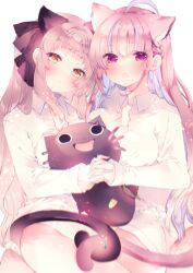 Rule 34 | 2girls, ahoge, animal ear fluff, animal ears, bare legs, blue hair, breasts, cat, cat ears, cat tail, collarbone, eyes visible through hair, hair ribbon, highres, holding hands, hololive, interlocked fingers, intertwined tails, large breasts, long hair, looking at viewer, medium breasts, minato aqua, moo (umineko), multicolored hair, multiple girls, murasaki shion, neko (minato aqua), open clothes, open mouth, open shirt, purple eyes, purple hair, ribbon, shiokko (murasaki shion), shirt, tail, virtual youtuber, white background, white hair, white shirt, yellow eyes