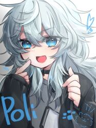 Rule 34 | alternate costume, black jacket, blue eyes, character name, choker, fang, funnkyuu bo, goddess of victory: nikke, grey shirt, hair between eyes, hand on own cheek, hand on own face, holding, holding clothes, jacket, open mouth, poli (nikke), puffy sleeves, shirt, sidelocks, skin fang, upper body, wavy hair, white hair