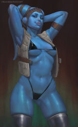 Rule 34 | 1girl, alien, apulaz (crossbow pussycat), armpits, arms behind head, arms up, bikini, black bikini, blue eyes, blue hair, blue skin, breasts, colored skin, covered erect nipples, cowboy shot, freckles, gluteal fold, grey thighhighs, headgear, highleg, highleg bikini, highres, lips, long hair, looking at viewer, medium breasts, micro bikini, mission vao, navel, open clothes, open vest, pink lips, pinup (style), realistic, solo, spaghetti strap, star wars, star wars: knights of the old republic, swimsuit, tentacle hair, thick thighs, thighhighs, thighs, toned, twi&#039;lek, underboob, vest