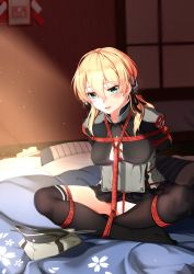 Rule 34 | absurdres, anchor hair ornament, aqua eyes, arms behind back, bdsm, black thighhighs, blonde hair, blush, bondage, bound, breasts, cross, crossed ankles, crotch rope, hair ornament, hat, unworn hat, unworn headwear, highres, iron cross, kantai collection, low twintails, medium breasts, microskirt, military, military uniform, panties, prinz eugen (kancolle), restrained, shrimp tie, skirt, solo, tears, tendo (zhazhatiantong), thighhighs, twintails, underwear, uniform