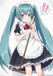 Rule 34 | !, !!, 1girl, absurdres, alternate costume, apron, black dress, blush, bow, broom, collared dress, commentary, dress, enmaided, frilled apron, frilled dress, frills, green eyes, green hair, grey background, hatsune miku, highres, holding, holding broom, long hair, looking at viewer, maid, maid apron, maid headdress, noneon319, parted lips, puffy short sleeves, puffy sleeves, red bow, short sleeves, simple background, solo, spoken exclamation mark, twintails, twitter username, very long hair, vocaloid, white apron