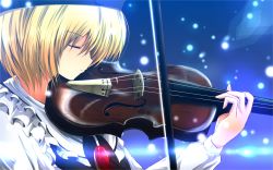 Rule 34 | 1girl, blonde hair, bow (music), brooch, closed eyes, female focus, hat, highres, instrument, jewelry, lights, long sleeves, lunasa prismriver, music, nekominase, playing instrument, shirt, short hair, solo, touhou, upper body, vest, violin