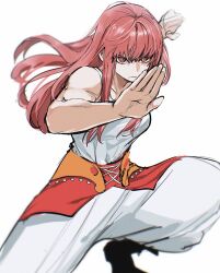 Rule 34 | 1girl, bare shoulders, biceps, boots, collarbone, commentary request, fighting stance, frown, glaring, highres, konjiki no gash!!, konjiki no gash!! 2, long hair, muscular, muscular female, pants, pink hair, red eyes, simple background, solo, tank top, tio (konjiki no gash!!), tsuki1910, white background, white pants, white tank top
