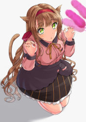 Rule 34 | 1girl, animal ears, black skirt, blouse, brown hair, cat ears, cat tail, cat teaser, from above, green eyes, hairband, helena (kancolle), kantai collection, kemonomimi mode, long hair, looking at viewer, mayura (lucadia), neck ribbon, official alternate costume, paw pose, pink shirt, red hairband, ribbon, shirt, simple background, skirt, solo, striped clothes, striped skirt, tail, two side up, white background, yellow ribbon