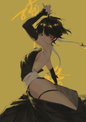 Rule 34 | 1girl, absurdres, ahoge, arm up, bare shoulders, black eyes, black hair, black hakama, bleach, breasts, covered mouth, cowboy shot, detached sleeves, floating hair, from side, hakama, highres, hip vent, jajako, japanese clothes, looking at viewer, looking to the side, o-ring, outstretched arm, ring hair ornament, sash, short hair with long locks, sideboob, skindentation, small breasts, solo, sui-feng, thigh strap, yellow background