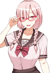 Rule 34 | 1girl, :d, adjusting eyewear, black sailor collar, black skirt, bow, bowtie, braid, breasts, diisuke, fang, glasses, hair over shoulder, hand up, large breasts, looking at viewer, nijisanji, open mouth, pink hair, pink shirt, red-framed eyewear, red bow, red bowtie, sailor collar, school uniform, serafuku, shirt, short sleeves, simple background, skirt, smile, solo, sukoya kana, twin braids, twintails, virtual youtuber, white background