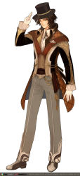 Rule 34 | 1boy, boots, brown eyes, brown hair, costume, formal, frills, full body, gloves, granado espada, hat, jacket, lace, maggi, male focus, shoes, short hair, simple background, solo, standing, suit, top hat