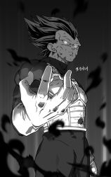 Rule 34 | 1boy, armor, artist request, aura, blood, dragon ball, dragon ball super, gloves, highres, injury, looking at viewer, monochrome, muscular, serious, solo, spiked hair, standing, translation request, ultra ego (dragon ball), upper body, vegeta