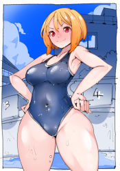 Rule 34 | 1girl, armpits, blonde hair, blue sky, copyright request, covered navel, empty pool, hairband, hands on own hips, highres, one-piece swimsuit, original, pool, sky, starting block, swimsuit, takayama toshinori, thick thighs, thighs, toned, wet, wet clothes