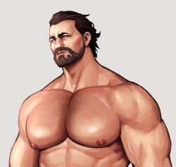 Rule 34 | 1boy, arcane: league of legends, areyoucracked, bad id, bad twitter id, bara, beard, chest hair, closed mouth, facial hair, full beard, grey background, highres, large pectorals, league of legends, looking at viewer, male focus, mature male, muscular, muscular male, nipples, pectorals, short hair, simple background, solo, topless male, vander (arcane)