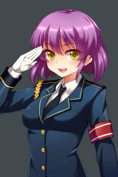 Rule 34 | 1girl, armband, black necktie, blush, earrings, gloves, grey background, highres, jewelry, looking at viewer, necktie, open mouth, original, police, police uniform, policewoman, purple hair, salute, serin199, short hair, simple background, solo, stud earrings, uniform, upper body, white gloves, yellow eyes