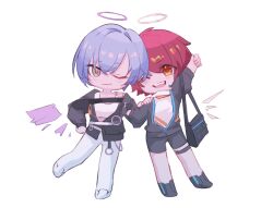 Rule 34 | 2girls, ;), ;d, arknights, arm up, bag, black footwear, black jacket, blue hair, blush, brown eyes, brown wings, chibi, closed mouth, detached wings, exusiai (arknights), eyes visible through hair, hair between eyes, hair over one eye, halo, headset, highres, jacket, long sleeves, multiple girls, one eye closed, open clothes, open jacket, open mouth, pants, pink wings, puffy long sleeves, puffy sleeves, red hair, shirt, shoes, short hair, shoulder bag, simple background, smile, spuria (arknights), tank top, thewintermarket, white background, white footwear, white pants, white shirt, white tank top, wings