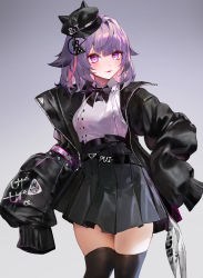 Rule 34 | 1girl, :p, absurdres, black bow, black bowtie, black headwear, black jacket, black skirt, black thighhighs, blush, bow, bowtie, clip studio paint (medium), collared shirt, fake horns, hand on own hip, highres, horned headwear, horns, jacket, long sleeves, looking at viewer, moko (moko/moko), multicolored hair, open clothes, open jacket, original, pink hair, pleated skirt, purple eyes, purple hair, shirt, skirt, sleeves past fingers, sleeves past wrists, solo, streaked hair, thighhighs, tongue, tongue out, white shirt