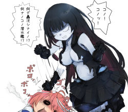 Rule 34 | 10s, 2girls, abyssal ship, ahoge, anger vein, black dress, black hair, blue skin, breasts, cleavage, collarbone, colored skin, double bun, dress, gameplay mechanics, gauntlets, hair bun, hitting, i-58 (kancolle), jariinu (gomasionori), kantai collection, large breasts, light cruiser oni, long hair, multiple girls, navel, open mouth, pink hair, short hair, simple background, sleeveless, sweat, torn clothes, torn dress, translation request, veins, very long hair, white background