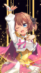 Rule 34 | 1girl, arm up, black ribbon, blue eyes, brooch, brown hair, cape, commentary request, fingerless gloves, gloves, hachijou (kancolle), hair ribbon, hand on own chest, highres, jewelry, kantai collection, long sleeves, looking at viewer, one eye closed, open mouth, pink cape, pink skirt, puffy long sleeves, puffy sleeves, ribbon, shirt, short hair, single glove, skirt, smile, solo, t.m. opera o (umamusume), umamusume, white gloves, white shirt, white skirt, yasume yukito