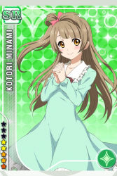 Rule 34 | 10s, 1girl, aqua dress, bow, brown eyes, brown hair, card (medium), character name, dress, frilled dress, frills, hair bow, long hair, love live!, love live! school idol festival, love live! school idol project, minami kotori, official art, own hands clasped, own hands together, smile, solo