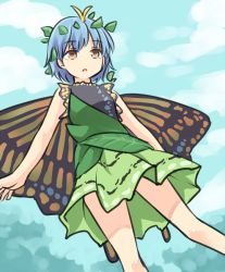 Rule 34 | 1girl, antennae, bare arms, blue hair, brown eyes, butterfly wings, eternity larva, green skirt, hair ornament, insect wings, leaf hair ornament, miyo (ranthath), parted lips, pleated skirt, short hair, skirt, sleeveless, solo, touhou, wings