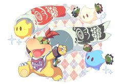 Rule 34 | 1boy, arms up, bandana, blush, bowser jr., bracelet, children&#039;s day, claws, fang, food, full body, holding, holding food, horns, hoshikuzu pan, jewelry, koinobori, luma (mario), male focus, mario (series), nintendo, no humans, open mouth, plaid, plaid background, red hair, running, sakura mochi, shell, simple background, smile, sparkle, spiked shell, spikes, super mario galaxy, turtle shell, v-shaped eyebrows, wagashi, white background, white bandana, windsock
