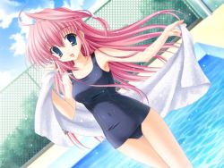 Rule 34 | 1girl, :d, chain-link fence, cloud, covered navel, day, dutch angle, fence, game cg, gift, long hair, looking at viewer, one-piece swimsuit, open mouth, outdoors, pink hair, pool, poolside, school swimsuit, smile, solo, sukumizu 2, swimsuit, thigh gap, towel, wet