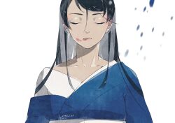 Rule 34 | 1girl, arms at sides, blue kimono, chaninin, closed eyes, closed mouth, collarbone, dated, earrings, eyeshadow, facing viewer, gegege no kitarou, hair between eyes, hair down, japanese clothes, jewelry, kimono, kitarou tanjou: gegege no nazo, layered clothes, layered kimono, lipstick, long hair, long sleeves, loose hair strand, makeup, motion blur, obi, off shoulder, purple eyes, ryuuga otsumai, sash, signature, simple background, smeared lipstick, solo, straight-on, swept bangs, upper body, white background