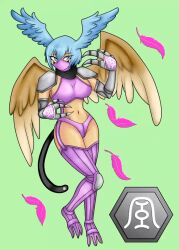Rule 34 | 1girl, armor, curvy, digimon, digimon (creature), harpy, head wings, mask, monster girl, revealing clothes, scarf, short hair, shutumon, thong, wide hips, wings