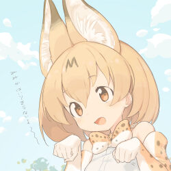 Rule 34 | 1girl, animal ear fluff, animal ears, blonde hair, blue background, bow, bowtie, brown eyes, cat ears, cat girl, commentary request, elbow gloves, gloves, hands up, highres, kemono friends, kinutani yutaka, looking at viewer, open mouth, orange bow, orange bowtie, paw pose, serval (kemono friends), short hair, solo, upper body