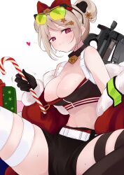 Rule 34 | 1girl, absurdres, blush, bow, box, breasts, brown hair, bullpup, candy, candy cane, choker, cleavage, commission, eyewear on head, food, gift, gift box, girls&#039; frontline, gun, hair bow, highres, holding, holding candy, holding candy cane, holding food, ohichi16, p90, p90 (girls&#039; frontline), p90 (scarlet turbo) (girls&#039; frontline), personal defense weapon, red eyes, skeb commission, solo, spread legs, submachine gun, sweatdrop, weapon