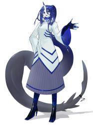 Rule 34 | 1girl, absurdly long hair, arm behind back, black footwear, blue eyes, blue hair, blue skin, boots, colored skin, dress, fangs, fins, full body, hair ornament, hand up, high collar, high heel boots, high heels, highres, horns, liquid hair, long hair, long sleeves, looking at viewer, monster girl, multicolored skin, open mouth, original, pleated dress, ponytail, ruteko (ruko220), shadow, simple background, single horn, skin fangs, solo, standing, twitter username, very long hair, white background, white dress, white skin, wide sleeves