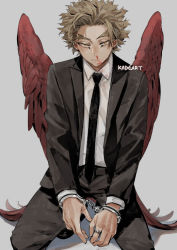 Rule 34 | 1boy, artist name, belt, black necktie, blazer, blood, blood on clothes, boku no hero academia, brown hair, commentary, cuffs, dress shoes, earrings, facial hair, feathered wings, formal, full body, goat horns, gradient background, handcuffs, hawks (boku no hero academia), horns, jacket, jewelry, kadeart, large wings, long sleeves, looking at viewer, male focus, necktie, nosebleed, parted bangs, restrained, ring, shadow, shirt, short hair, short sleeves, simple background, solo, spiked hair, squatting, stubble, suit, thick eyebrows, v-shaped eyebrows, white shirt, wings, yellow eyes