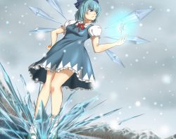 Rule 34 | 1girl, blue dress, blue eyes, blue footwear, blue hair, bow, breasts, cirno, collared shirt, commentary request, dress, from below, glowing, hair bow, hand on own hip, highres, ice, ice wings, k ryo, knees together feet apart, lake, looking to the side, mary janes, matching hair/eyes, perspective, puffy short sleeves, puffy sleeves, serious, shirt, shoes, short sleeves, small breasts, snowflakes, snowing, socks, solo, thighs, touhou, water, wings