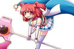 Rule 34 | 1girl, :d, alternate costume, blue cape, breasts, cape, cleavage, death angel komachi, elbow gloves, gloves, hair bobbles, hair ornament, holding, holding scythe, large breasts, looking at viewer, magical girl, mono (mono60), onozuka komachi, open mouth, red eyes, red hair, scythe, simple background, smile, solo, thighhighs, touhou, two side up, white background, white gloves, white thighhighs