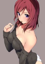 Rule 34 | 10s, 1girl, ass, bare shoulders, blush, breasts, cleavage, collarbone, food, from side, grey background, hair between eyes, large breasts, long sleeves, looking at viewer, love live!, love live! school idol project, mataro (matarou), mouth hold, nishikino maki, no bra, no pants, off-shoulder, off-shoulder sweater, off shoulder, panties, pocky, pocky day, purple eyes, red hair, revision, ribbed sweater, short hair, solo, sweater, underwear, white panties