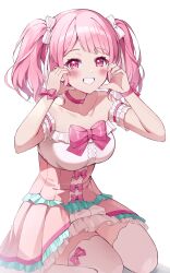 Rule 34 | 1girl, absurdres, bang dream!, bare shoulders, blush, breasts, choker, commentary request, dress, hair ornament, hair ribbon, highres, idol clothes, korean commentary, looking at viewer, maruyama aya, medium breasts, pink choker, pink dress, pink eyes, pink hair, pink ribbon, pink skirt, randi (seiken densetsu 2), ribbon, simple background, skirt, smile, solo, teeth, thighhighs, twintails, white background, white thighhighs, zettai ryouiki