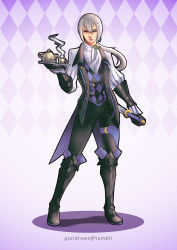 Rule 34 | 1boy, argyle, argyle background, argyle clothes, artist name, boots, butler, checkered background, commentary, cup, dagger, fire emblem, fire emblem fates, full body, gauntlets, gloves, gradient background, gzei, hair between eyes, highres, holding, holding weapon, jakob (fire emblem), knife, legs apart, long hair, low ponytail, male focus, nintendo, outline, ponytail, purple eyes, scarf, solo, standing, teacup, teapot, weapon, white hair
