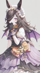 Rule 34 | 1girl, 21 (nijuichinichi), animal ears, bat wings, black gloves, black skirt, bow, brown hair, covering own mouth, frilled hairband, frills, gloves, grey background, hair over one eye, hairband, hand up, high-waist skirt, horse ears, horse girl, horse tail, long hair, looking at viewer, orange bow, parted lips, puffy short sleeves, puffy sleeves, purple eyes, rice shower (make up vampire!) (umamusume), rice shower (umamusume), shirt, short sleeves, skirt, solo, tail, umamusume, wings