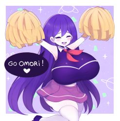 Rule 34 | 1girl, aliceyawnin, black tank top, breasts, cheering, cheerleader, closed eyes, english text, happy, highres, holding, holding pom poms, huge breasts, long hair, mari (omori), miniskirt, omori, open mouth, pom pom (cheerleading), pom poms, skindentation, skirt, smile, solo, speech bubble, tank top, thick thighs, thighhighs, thighs, tight top, white thighhighs
