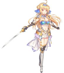 Rule 34 | 1girl, :o, absurdres, ahoge, armor, armored boots, blonde hair, boots, breasts, bullet girls, cleavage, clenched hand, detached collar, double bun, earrings, fingerless gloves, full body, gloves, hairband, highres, holding, holding sword, holding weapon, jewelry, long hair, medium breasts, momoko (momopoco), navel, official art, pauldrons, red eyes, shoulder armor, simple background, skirt, solo, standing, sword, weapon, white background