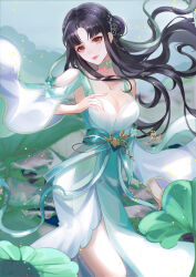 1girl absurdres arm_up artist_request baiguio_(zhu_xian) black_hair braid breasts closed_mouth clothing_cutout double_bun dress floating_hair green_dress hair_bun hair_ornament highres long_hair long_sleeves medium_breasts outdoors sash second-party_source shoulder_cutout smile solo zhu_xian