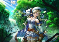 Rule 34 | 1girl, absurdres, arm up, belt, beret, blonde hair, blue eyes, breasts, closed mouth, cloud, cucouroux (granblue fantasy), day, dress, fujifuji924, granblue fantasy, hat, highres, horns, large breasts, leaning to the side, long hair, long sleeves, looking at viewer, outdoors, single horn, smile, solo, sunlight, thighhighs, tree, twintails, white hat