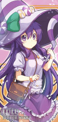 Rule 34 | 1girl, apron, bag, bittersweet lulu, blush, candy, character name, dress, food, frilled dress, frilled sleeves, frills, league of legends, long hair, looking at viewer, lulu (league of legends), puffy short sleeves, puffy sleeves, purple eyes, purple hair, short sleeves, solo, sora (dkssud6580), sweatdrop, yordle