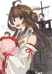 Rule 34 | 4girls, ahoge, akagi kurage, bouquet, brown hair, detached sleeves, double bun, flower, hair bun, hairband, haruna (kancolle), headgear, hiei (kancolle), highres, japanese clothes, kantai collection, kirishima (kancolle), kongou (kancolle), kongou kai ni (kancolle), long hair, machinery, mini person, minigirl, multiple girls, nontraditional miko, popped collar, ribbon-trimmed sleeves, ribbon trim, simple background, solo focus, unfinished, upper body, white background