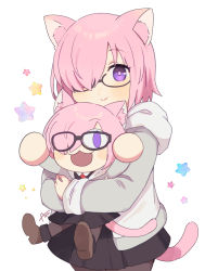 Rule 34 | 2girls, :3, alternate costume, animal ears, azu (kirara310), black-framed eyewear, black dress, black pantyhose, blush, brown footwear, carrying, carrying person, cat ears, cat tail, chibi, closed mouth, collared dress, commentary request, cosplay, dress, fate/grand order, fate (series), glasses, grey jacket, hair over one eye, highres, hood, hood down, hooded jacket, hug, hug from behind, jacket, kemonomimi mode, long sleeves, looking at viewer, mash kyrielight, mash kyrielight (cosplay), melty blood, melty blood: type lumina, multiple girls, necktie, neco-arc, necoco necocolight, official alternate costume, one eye covered, open mouth, pantyhose, pink hair, purple eyes, red necktie, shoes, signature, size difference, smile, tail, tsukihime, tsukihime (remake), white background