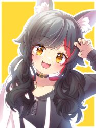 Rule 34 | 1girl, :3, animal ear fluff, animal ears, belt collar, black hair, blush, choker, claw pose, collar, copyright name, hand up, head tilt, highres, hololive, hood, hoodie, long hair, long sleeves, looking at viewer, low twintails, mmmera827, multicolored hair, ookami mio, ookami mio (casual), open mouth, red hair, smile, solo, streaked hair, twintails, virtual youtuber, wolf ears, wolf girl, yellow background, yellow eyes, zipper pull tab