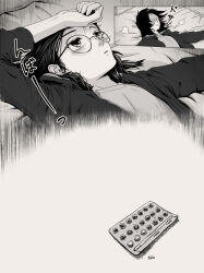 Rule 34 | 1girl, artist self-insert, comic, commentary, estrogen, glasses, greyscale, hand on own forehead, highres, hood, hoodie, lying, monochrome, motion lines, niio (niiochi), on back, original, pill, signature, silent comic, solo, symbol-only commentary