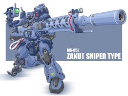 Rule 34 | aiming, cable, camera, character name, gun, gundam, gundam unicorn, kneeling, looking to the side, mao (6r), mecha, no humans, on one knee, one-eyed, pink eyes, redesign, rifle, robot, sniper rifle, solo, weapon, zaku, zaku i sniper type