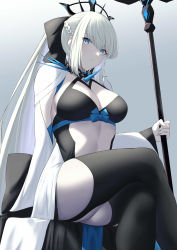 Rule 34 | 1girl, absurdres, black bow, black dress, black footwear, blue eyes, boots, bow, braid, breasts, center opening, cleavage, crossed legs, dress, fate/grand order, fate (series), grey hair, hair bow, half up braid, highres, large breasts, long hair, long sleeves, looking at viewer, morgan le fay (fate), okuma707, pelvic curtain, polearm, ponytail, sidelocks, sitting, solo, spear, spikes, thigh boots, thighhighs, thighs, tiara, two-tone dress, very long hair, weapon, white dress, wide sleeves