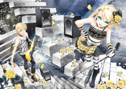 Rule 34 | 1boy, 1girl, alternate hairstyle, aqua eyes, bad id, bad pixiv id, blonde hair, boots, bracelet, brother and sister, cocoon (loveririn), collar, flower, gothic lolita, guitar, hair flower, hair ornament, hairclip, hat, instrument, jewelry, kagamine len, kagamine rin, lolita fashion, microphone, microphone stand, mini hat, mini top hat, navel, necklace, pantyhose, petals, rose, short hair, siblings, skirt, smile, speaker, stairs, striped clothes, striped pantyhose, striped thighhighs, stuffed animal, stuffed toy, teddy bear, thighhighs, top hat, twins, vintage microphone, vocaloid, yellow flower, yellow rose