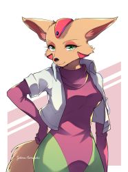 Rule 34 | 1girl, :3, animal ears, animal nose, arm at side, artist name, body fur, border, breasts, brown fur, collared jacket, cowboy shot, cropped jacket, eyeshadow, fara phoenix, female focus, fox ears, fox girl, fox tail, furry, furry female, green eyes, green pantyhose, hand on own hip, happy, headgear, highres, jacket, leotard, looking at viewer, makeup, medium breasts, namagaki yukina, nintendo, open clothes, open jacket, outside border, pantyhose, parted lips, purple leotard, red eyeshadow, short sleeves, signature, simple background, smile, snout, solo, standing, star fox, tail, two-tone background, v-shaped eyebrows, white background, white border, white jacket